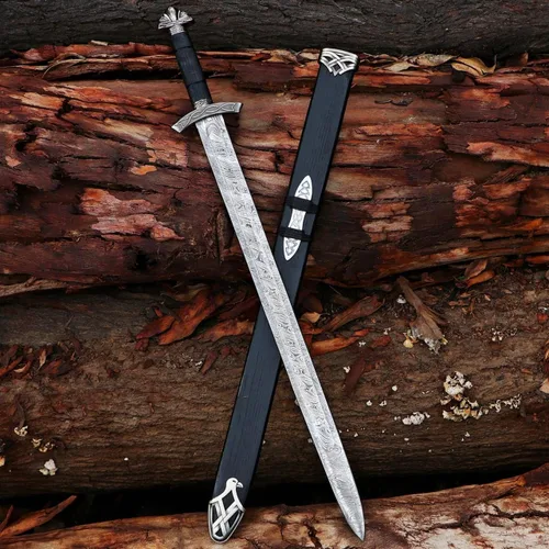 Vista 6 de Espada de acero de Damasco hecha a mano, estilo vikingo, hoja de espiga completa con mango de madera y vaina, réplica medieval coleccionable, regalo