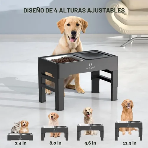 Vista 2 de Cuencos elevados para perros ELS PET, cuencos ajustables elevados para perros con cuenco de agua para perros sin derrames y comedero de acero