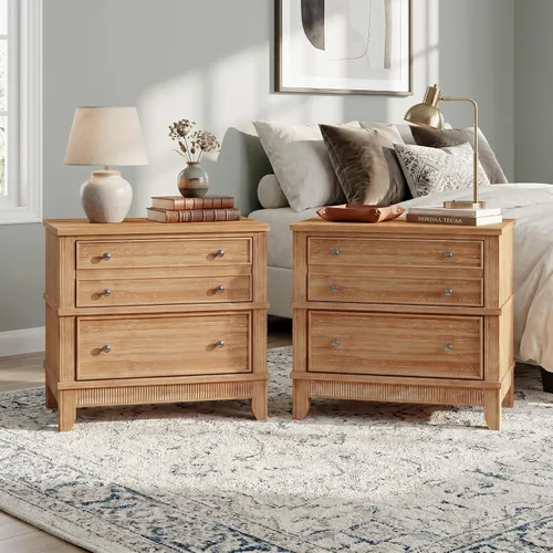 Vista 16 de Farmhouse Nightstand with 3 Drawers and Smooth Gliding Rails, Bedside Table Cabinet with Metal Handle, Minimalist Modern Small End Table for