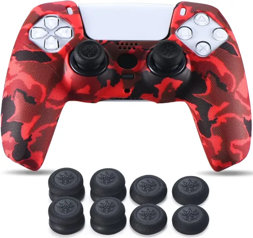 Vista 2 de YoRHa Funda de silicona con estampado tachonado para PS5 Dualsense Controller x 1 (rojo) con Pro Thumb Grips x 10