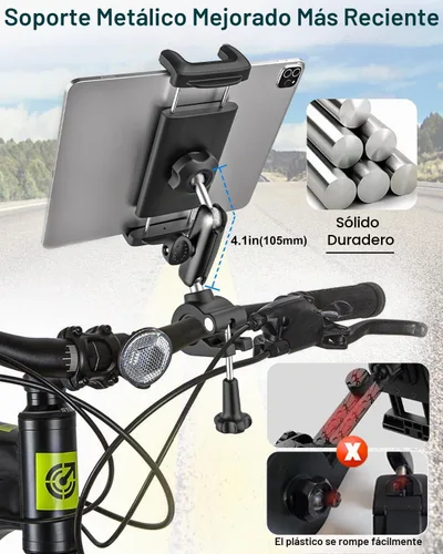 Vista 2 de Soporte para tableta de bicicleta, abrazadera para manillar, brazo de metal antivibración, soporte universal para iPad para cinta de correr