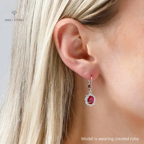 Vista 2 de MAX + STONE - Aretes colgantes ovalados de plata de ley 925 con halo y explosión de sol para mujer, piedra natal de 0.315 x 0.236 in con cierre