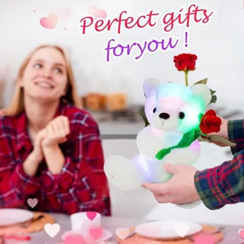Vista 5 de Houwsbaby Oso de peluche brillante con oso blanco y rosa, juguete de peluche suave con luces LED de noche, cumpleaños, Navidad, para niños pequeños