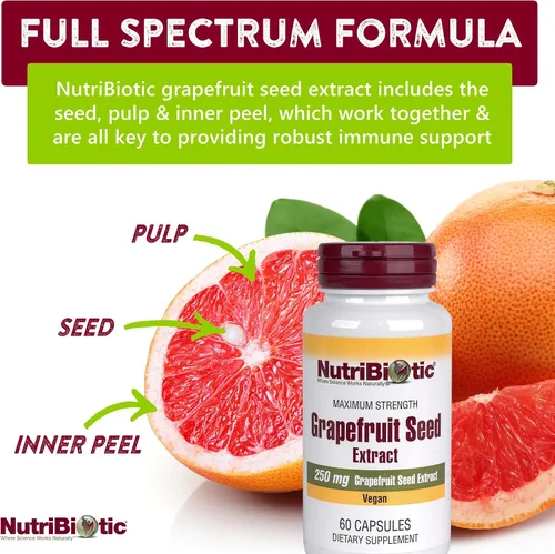 Vista 3 de NutriBiotic Cápsulas de extracto de semilla de pomelo 250 mg, 60 unidades - Máxima fuerza con bioflavonoides