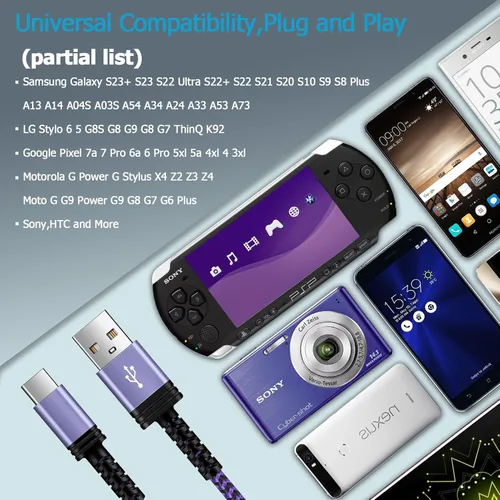 Vista 7 de Cable de carga USB C, cable de alimentación para teléfono Android, paquete de 3 unidades, trenzado USB A a tipo C, cable de carga rápida