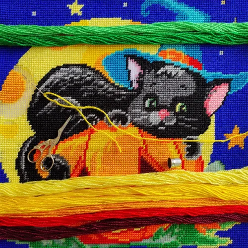 Vista 2 de Brvsk Kit de punto de aguja de otoño para adultos y principiantes - Gato de Halloween de 16 x 16 pulgadas con diseño impreso claro y preciso