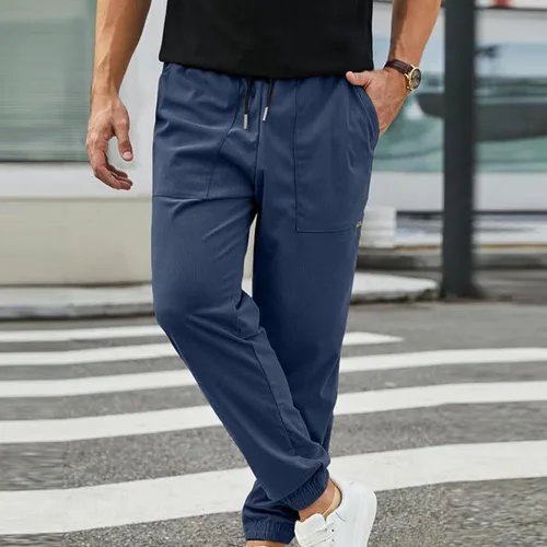 Vista 2 de Pantalones deportivos de pana para hombre, pantalones cargo casuales con cordón y cintura elástica, holgados, con bolsillos