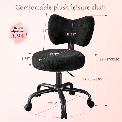 Vista 2 de Homkdom Silla de tocador con ruedas, bonita silla de escritorio con respaldo de lazo, silla de oficina pequeña de piel de conejo sintética esponjosa