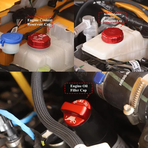 Vista 4 de YOCTM Paquete de 3 tapones rojos para depósito de refrigerante del motor + tapa de llenado de aceite + tapa de depósito de cilindro maestro de freno