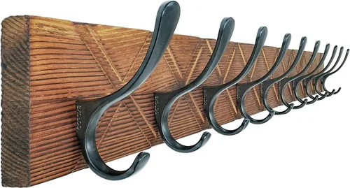 Vista 10 de SKOLOO Perchero de pared estilo escandinavo con 6 ganchos tallados en bloque de madera, colgador de pared para abrigos, sombreros, ropa, bufandas