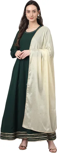 Vista 3 de Janasya Botella de mujer india verde Georgette sólido Kurta con Dupatta