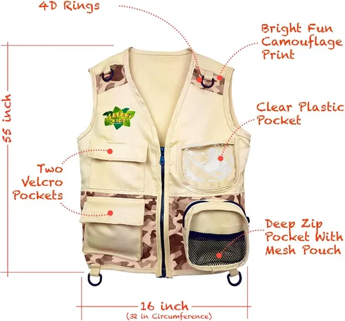 Vista 3 de Safari Kidz - Kit de explorador al aire libre, juego de chaleco y sombrero de camuflaje bronceado, aventuras de la naturaleza en el patio trasero