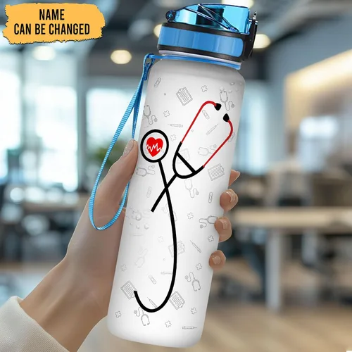 Vista 2 de Estetoscopio personalizado para enfermera, botella de agua motivacional de 32 onzas, nombre personalizado, enfermera, regalos para graduación