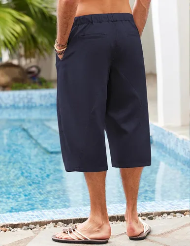 Vista 4 de COOFANDY Pantalones capri harén de lino para hombre, casuales, ligeros, con cordón, pantalones de yoga, holgados, 34, pantalones de playa