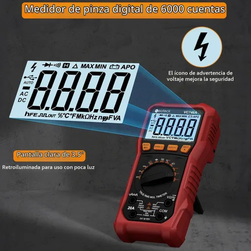 Vista 3 de Neoteck Multímetro digital TRMS de 6000Counts para 750VDC 1000VAC AC/DC Rojo