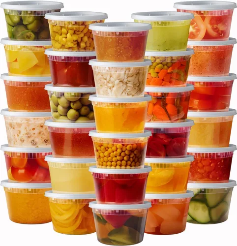 Vista 8 de Contenedores de plástico para almacenamiento de alimentos de 8 onzas con tapas [48 juegos] Microwave, Dishwasher & Freezer Safe, Disposable or