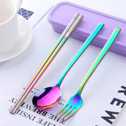 Vista 4 de Color ME - Juego de utensilios portátiles, cubiertos de viaje para acampar con estuche de almacenamiento, juego de cubiertos de acero inoxidable