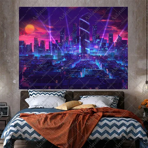 Vista 7 de Aidatain Tapiz de ciudad punk con paisaje urbano fresco para niños, tapiz tecnológico de franela de tamaño pequeño de 60 x 40 pulgadas, tapiz