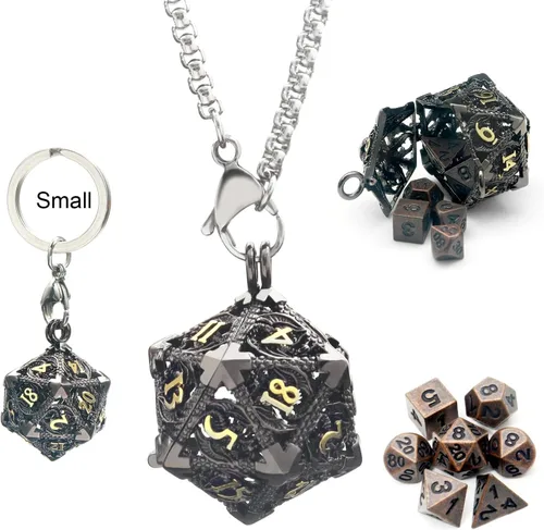 Vista 12 de Haxtec Juego Mini de Dados de Metal DND con Estuche de Collar Hueco Juego de Dados de Metal Pequeños Antiguos Juego de Llaveros D&D Portátil Juego