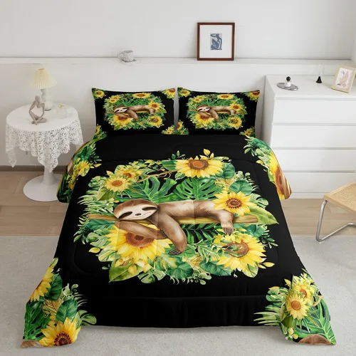 Vista 11 de Erosebridal Juego de edredón de perezoso tamaño individual, bonito edredón de plumón de perezoso en árbol para niños y niñas, juego de ropa de cama