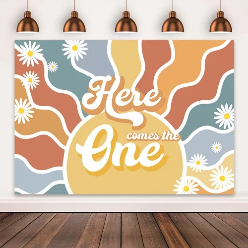 Vista 2 de Mocsicka Fondo de sol para primer cumpleaños con texto en inglés "Here Comes The One", retro, bohemio, decoración de fiesta de primer cumpleaños