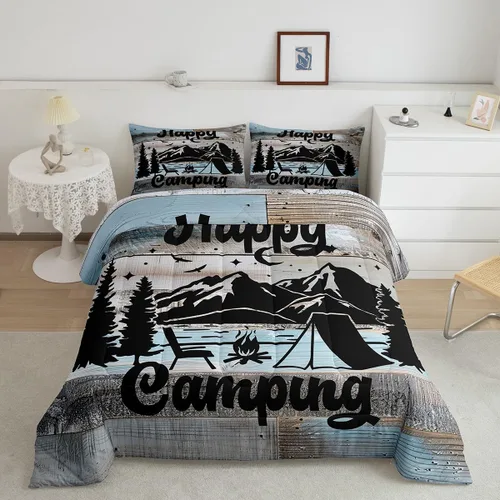 Vista 38 de Erosebridal Juego de edredón de cabaña de cabaña, juego de ropa de cama individual para niños, edredón de campamento con temática de campamento