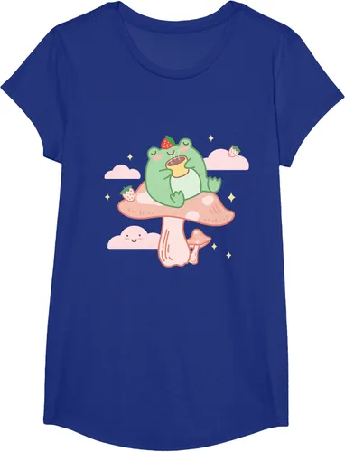 Vista 27 de Kawaii Strawberry Frog On Mushroom - Camiseta de manga corta de anime, Azul / Patchwork, S Azul Pastel