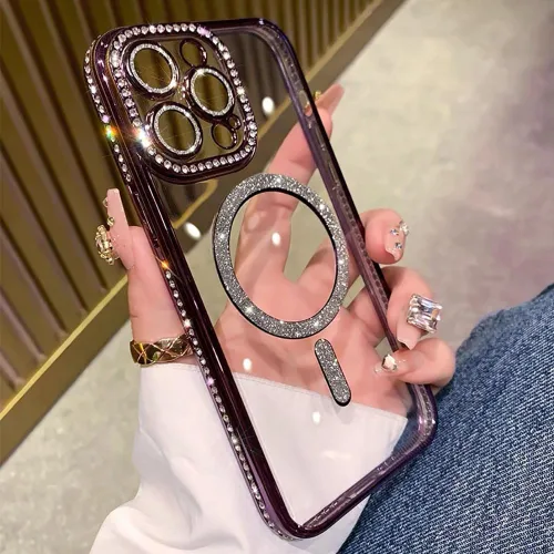 Vista 2 de Funda magnética de lujo con purpurina compatible con iPhone 13 Pro Max de 6.7 pulgadas, bonita funda transparente con diamantes de imitación