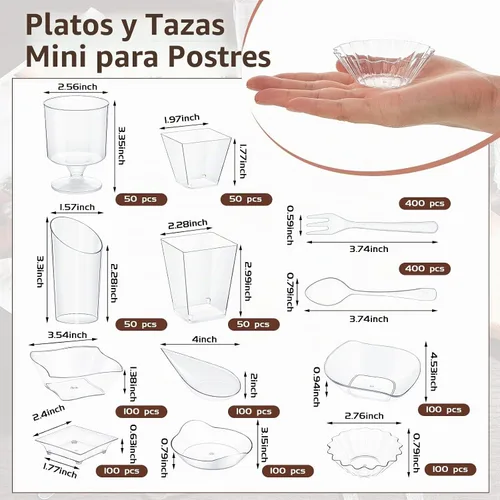 Vista 2 de Tessco for you Juego de 1600 mini platos de aperitivo, tazas de postre, tazas de plástico para parfait de formas variadas con cucharas desechables