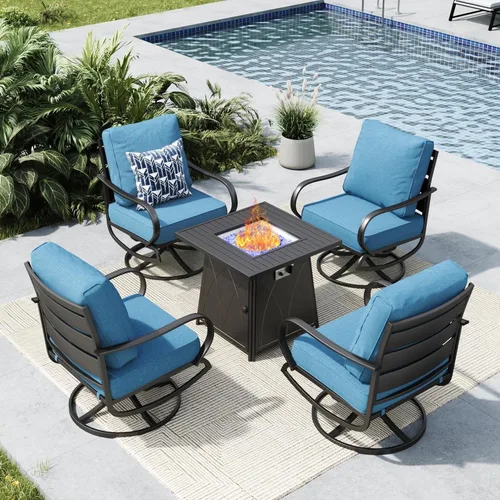 Vista 20 de MFSTUDIO Juego de 4 piezas de conversación para patio, marco de metal para todo tipo de clima, muebles de exterior con 1 mesa rectangular de propano