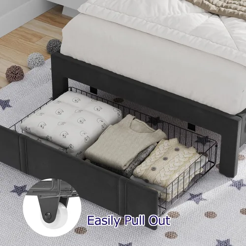 Vista 4 de VECELO Base de cama de tamaño individual con cajón de almacenamiento, base de cama de plataforma resistente con cabecera y fuerte soporte de Negro