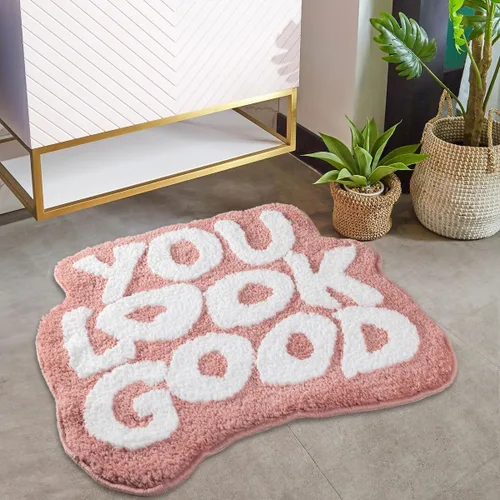 Vista 13 de Alfombra de baño negra con texto en inglés "You Look Good", alfombra de baño divertida, bonita, antideslizante, de microfibra, de felpa, pequeña