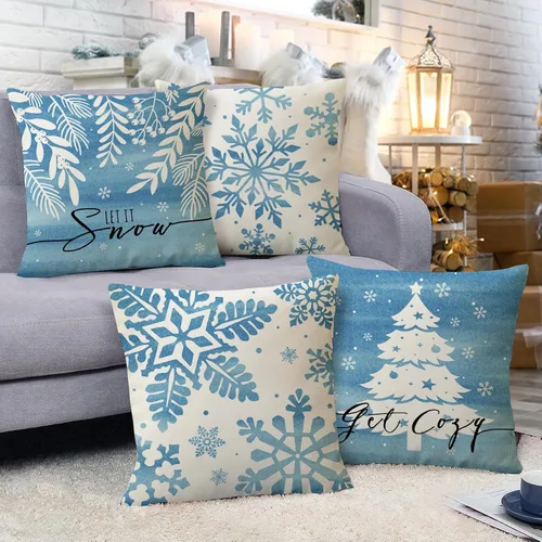 Vista 7 de Fahrendom Juego de 4 fundas de almohada decorativas con diseño de copo de nieve de invierno de 20 x 20 pulgadas, diseño de hojas de árbol de Navidad