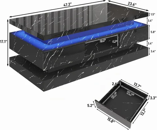 Vista 2 de Mesa auxiliar moderna de 47.2 pulgadas con alto brillo LED y 2 cajones deslizantes, mesas centrales de doble capa con luces LED para muebles de sala