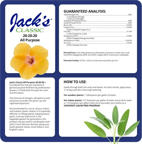 Vista 2 de Jack's Classic 20-20-20 Fertilizante multiuso soluble en agua con micronutrientes para proporcionar crecimiento general en todas las plantas, 1.5