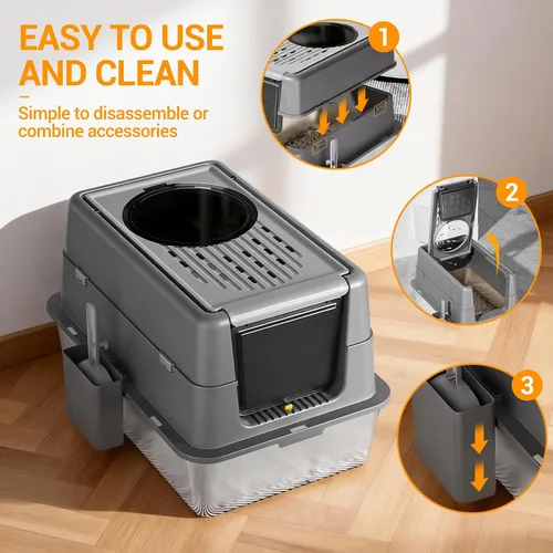 Vista 3 de Caja de arena para gatos de acero inoxidable con tapa, caja de arena de metal cubierta cerrada con tapa abatible de 180°, caja para gatos de alta
