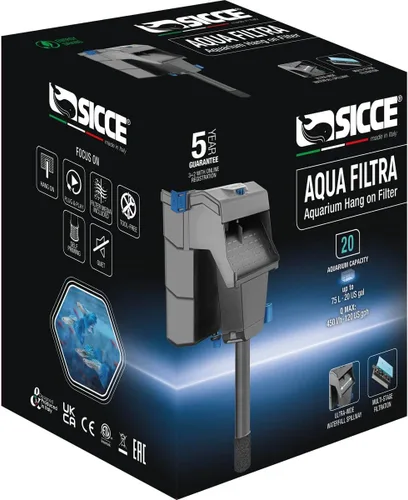 Vista 2 de Sicce Aqua Filtra 20 - Filtro de alimentación para tanque de peces de acuario de hasta 20 galones de agua, silenciosa de 3 etapas para agua dulce