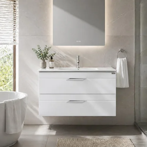 Vista 7 de wonline Juego de tocador de baño montado en la pared de 36 pulgadas, gabinete de almacenamiento con fregadero de cerámica combinado cromado grifo