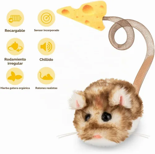 Vista 4 de Migipaws MigiMouse - Juguete interactivo para gatos de 360° con cola de plástico de malla para gatos de interior, sensor de movimiento inteligente