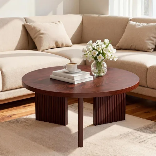 Vista 12 de Mesa de centro redonda de madera, mesa de centro de 35 pulgadas con mesa gruesa y lisa, mesa central de círculo bajo con patas estables