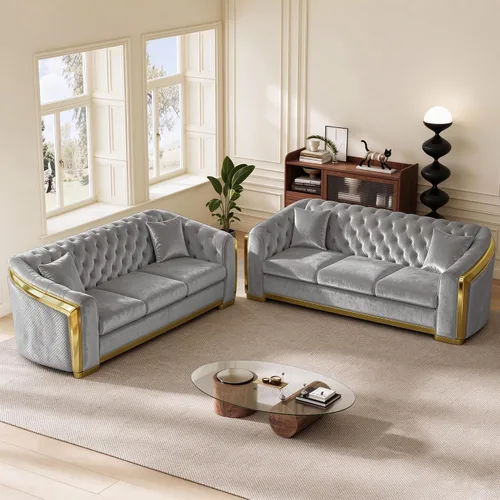 Vista 15 de DAMAIFROM Sofá Chesterfield moderno de mediados de siglo, sofá de terciopelo de 62" blanco y dorado, sofá biplaza curvo de lujo para sala de estar