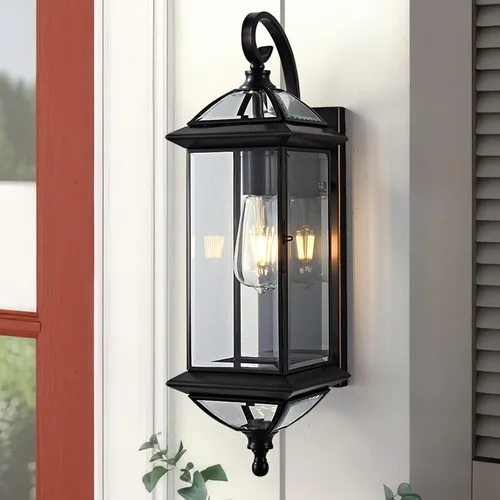 Vista 9 de Lámpara de pared negra para exteriores, aplique de linterna de porche de vidrio transparente Negro 13.4"H