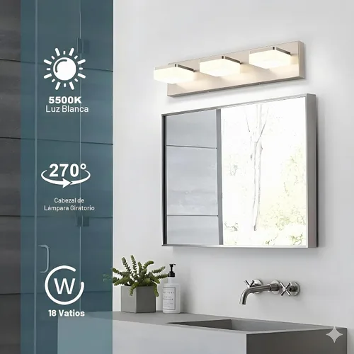 Vista 5 de Luces de Tocador de Níquel Cepillado para Baño - Lámpara de Tocador de 3 Luces - Apliques de Pared LED Regulables - Luz Diurna 5500K - Elegantes