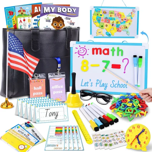 Vista 7 de Juegos de simulación escolar de Gifts2U para niños - Con bolsa de maestra, pizarra, reloj educativo, carteles educativos y suministros de juguetes