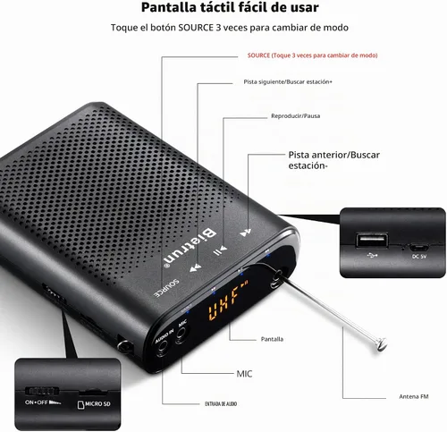 Vista 8 de Bietrun Amplificador de voz para profesores con Bluetooth, amplificador de voz inalámbrico recargable portátil con micrófono para auriculares