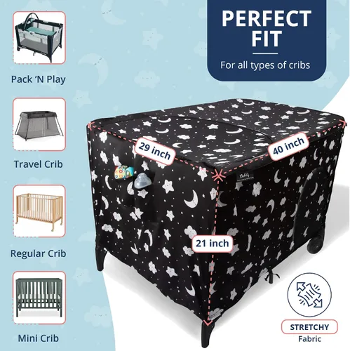 Vista 6 de Bebey Pack n Play - Funda opaca que bloquea el 97% de la luz, tela transpirable y elástica con 1 bolsillo lateral, 3 ventanas de acceso rápido