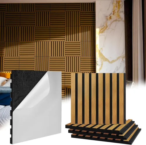 Vista 7 de Geelin 8 piezas paneles de pared de madera 3D autoadhesivos para despegar y pegar, paneles de listones de madera con textura acústica