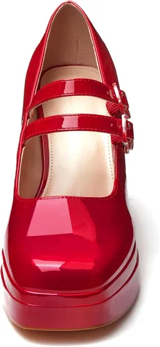 Vista 5 de Coutgo Women's Platform Mary Jane Pumps Two Strap Square Toe Chunky Block Heel Sandals Party Shoes