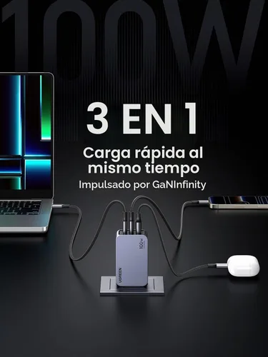Vista 3 de UGREEN Nexode Pro 100W GaN Cargador de pared USB C, Cargador PPS compacto de 3 puertos y rápido para MacBook Pro/Air, Pixelbook, iPad, serie iPhone