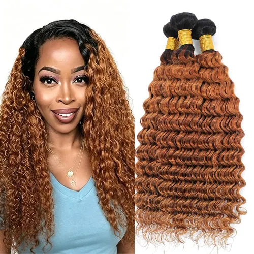 Vista 122 de P4613 Cabello humano rizado onda profunda marrón y paquetes mixtos 8 10 12 P4613 Ombre Marrón-Rubio-DP